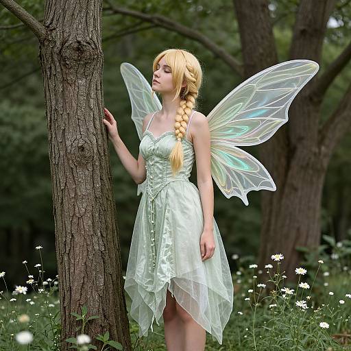 Photograph of a blonde fairy with translucent wings, wearing a green, sleeveless, chiffon dress, leaning against a tree in a lush forest with