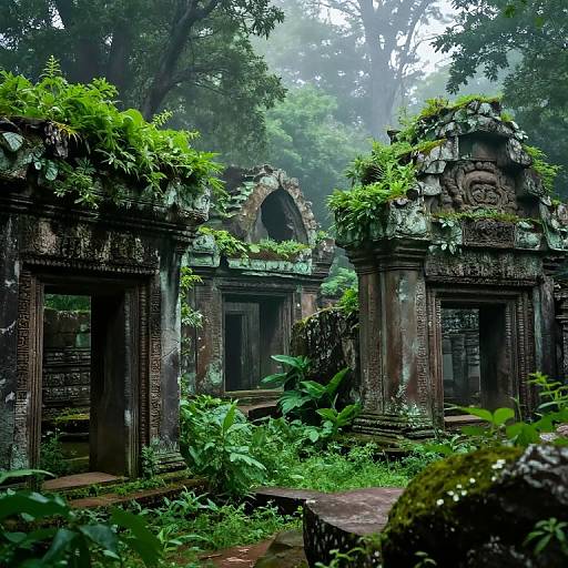 Photograph of a lush, overgrown ancient temple ruin with moss-covered stone pillars, intricately carved archways, and dense greenery in a mist