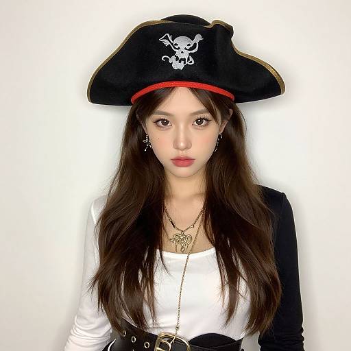 Photograph of an Asian woman with long brown hair, wearing a black pirate hat with a white skull emblem, white top, black jacket, and gold