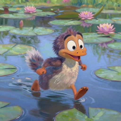 Cartoon duck-like character with fluffy gray and white feathers joyfully runs through a colorful, lily-pad-filled pond with pink lotus flowers.