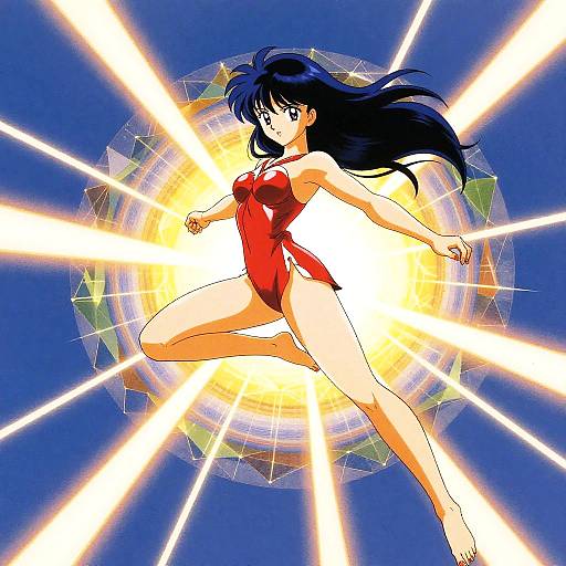 Anime-style digital drawing of a blue-haired woman in a red one-piece swimsuit, mid-leap, surrounded by bright, radiant beams against a blue