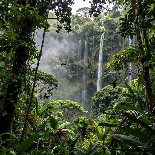 Photograph of a lush, green jungle with dense foliage, featuring a tall, misty waterfall cascading down a rocky cliff in the background. Sun