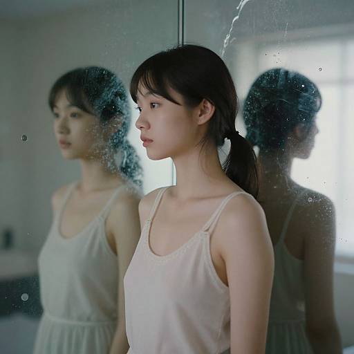 Photograph of a young Asian woman with straight black hair in a ponytail, wearing a sheer white tank top, standing in front of a fogged