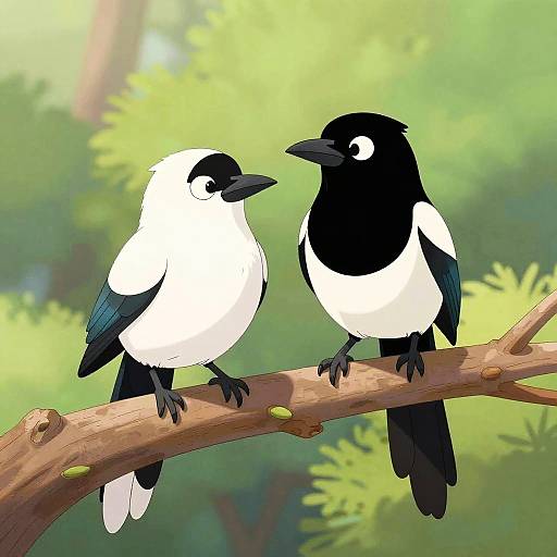 Cartoon-style digital drawing of two black-and-white birds perched on a branch, facing each other against a blurred green forest background.