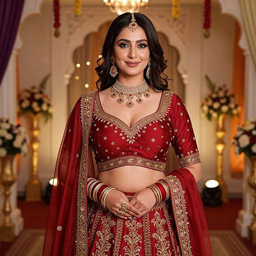 Photograph of a smiling Indian woman in a red traditional lehenga with gold embroidery, wearing a matching choli, jewelry, and a bindi,