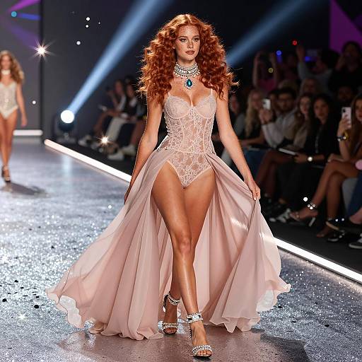 Redhead Model in Lace Bodysuit on Runway