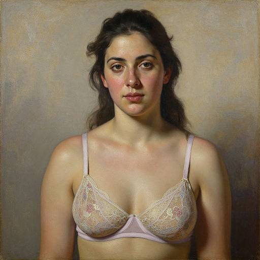 Photorealistic painting of a young woman with fair skin and dark hair, wearing a white lace bra, against a neutral background.