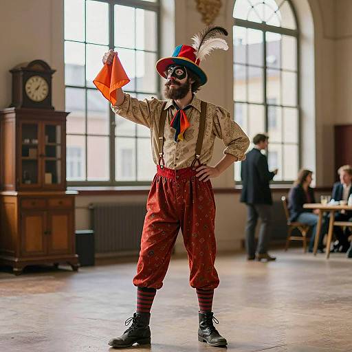 Colorful Male Street Performer in Vintage Circus Outfit