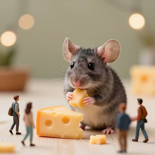 Photograph of a realistic gray mouse with large ears, eating a cheese piece surrounded by tiny figurines of people on a wooden surface. Blurred background