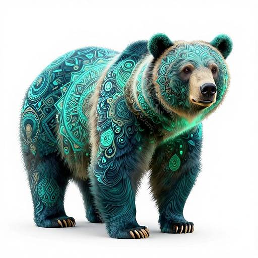 Digital artwork of a bear with intricate, glowing turquoise and teal tribal patterns on its fur, standing against a white background.