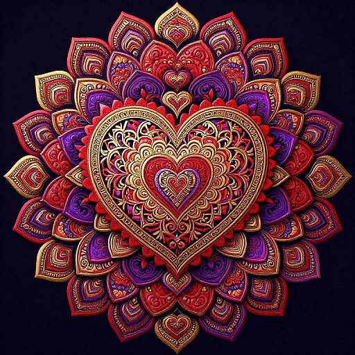 Vibrant, intricate digital mandala with a central red heart surrounded by multicolored, ornate, heart-shaped patterns in red, purple,