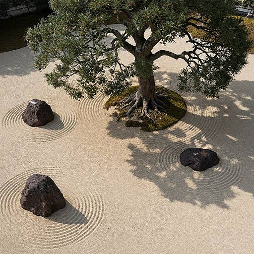 Photograph of a serene Japanese garden with a single tree, three round stones, and intricate raked sand patterns beneath. Shadows of tree leaves create d