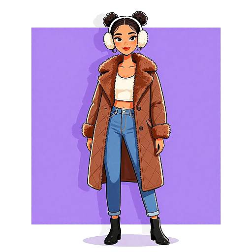 Digital illustration of a cute Asian woman with black hair in buns, wearing a brown fur coat, white crop top, blue jeans, black boots,