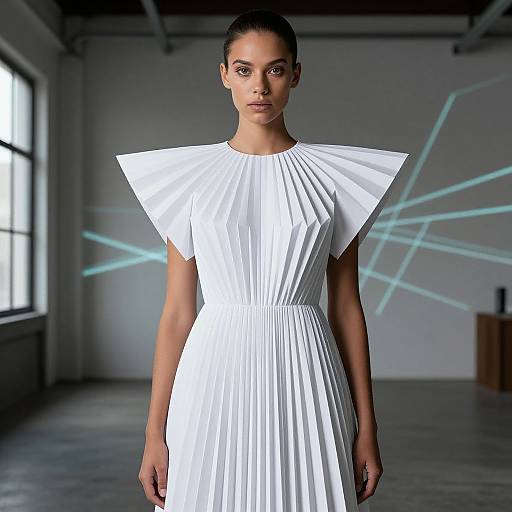 Photograph of a confident woman with dark hair in a sleek bun, wearing a white, pleated, high-shoulder dress, standing in a