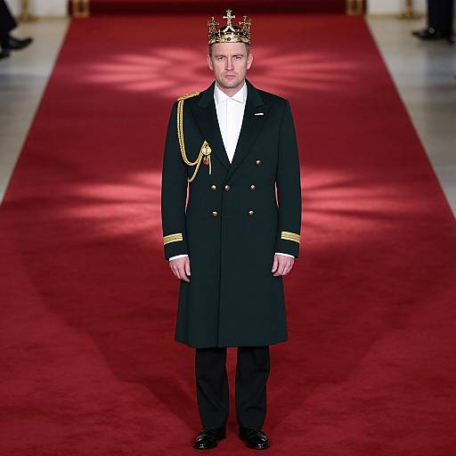 Photograph of a fair-skinned man with short blond hair, wearing a black military-style coat, gold-trimmed, gold chain, white shirt
