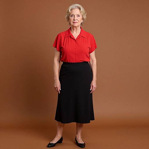 Photograph of an elderly woman with short blonde hair, wearing a red short-sleeve blouse, black skirt, and black flats, standing against a