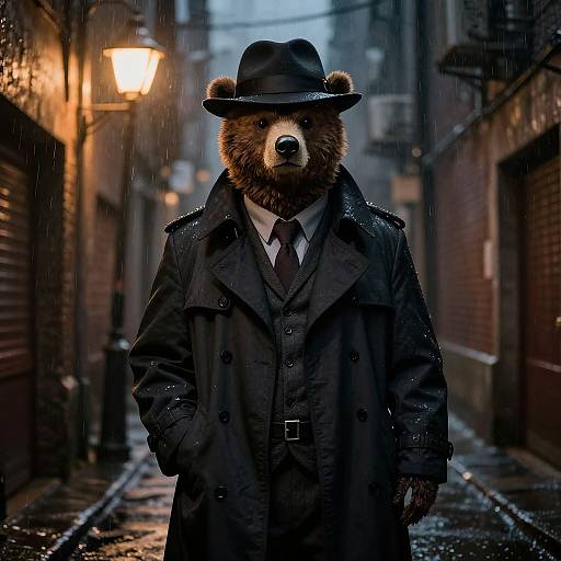 Photorealistic digital art of a bear in a black trench coat and fedora, standing in a rainy, dimly-lit alley.