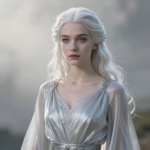 CGI image of a young woman with long, wavy white hair, blue eyes, wearing a silver, translucent, V-neck dress with crystal accents