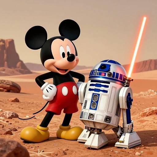 Mickey Mouse and R2-D2 in Desert