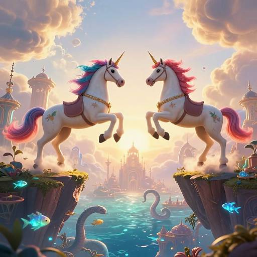 Digital art of two white unicorns with colorful manes, rearing on rocky cliffs, facing each other, surrounded by a magical, cloud-filled sky