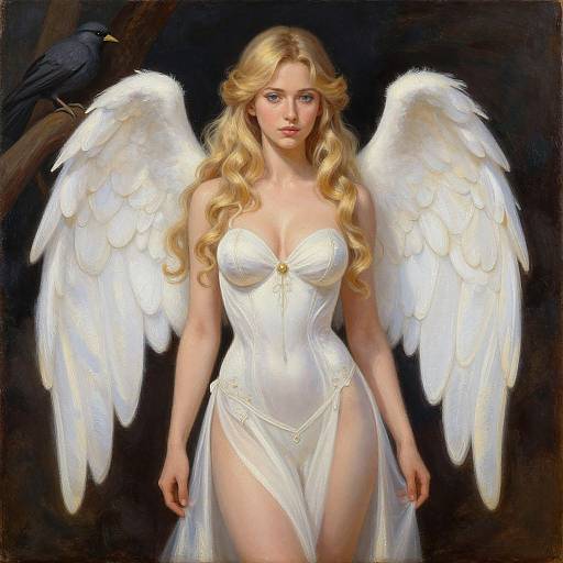 Digital painting of a blonde angel with large white wings, wearing a revealing white corset, standing against a dark background with a black bird.