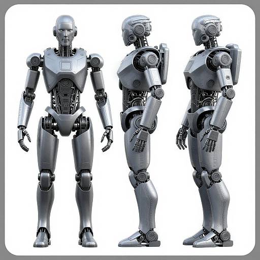 CGI image of a sleek, silver humanoid robot with three views (front, side, back) showcasing detailed joints, metallic textures, and futuristic design