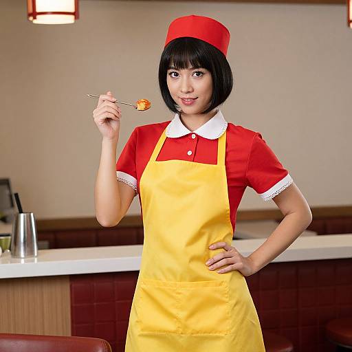 Woman Waitress in Yellow Apron