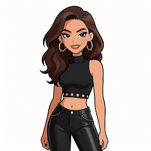 Digital cartoon illustration of a confident woman with long brown hair, wearing a black sleeveless crop top and black leather pants, accessorized with large hoop earrings