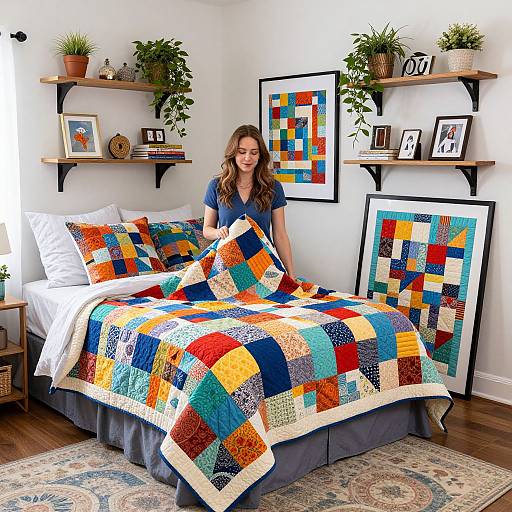 Photograph of a smiling woman with long brown hair, wearing a blue shirt, holding a colorful patchwork quilt on a bed. Vibrant, modern