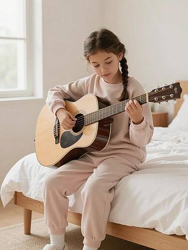 Young Girl Practicing Guitar in Cozy Room