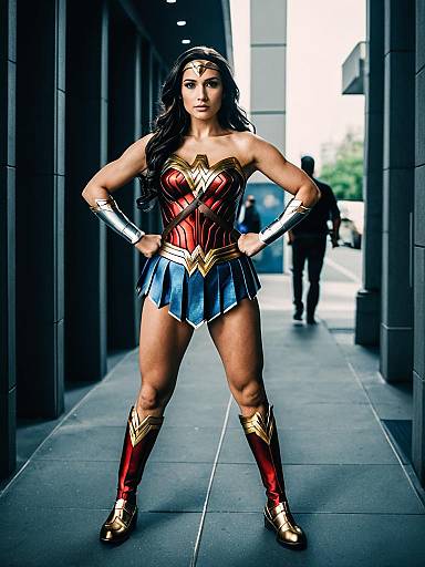 Photograph of a muscular woman with long black hair, dressed as Wonder Woman, standing confidently in a dark urban hallway.