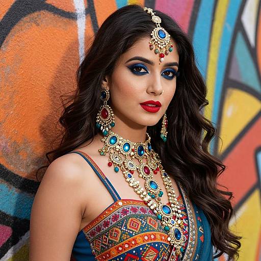 Photograph of a South Asian woman with long dark hair, wearing ornate blue and gold jewelry, vibrant traditional attire, and bold red lipstick, set