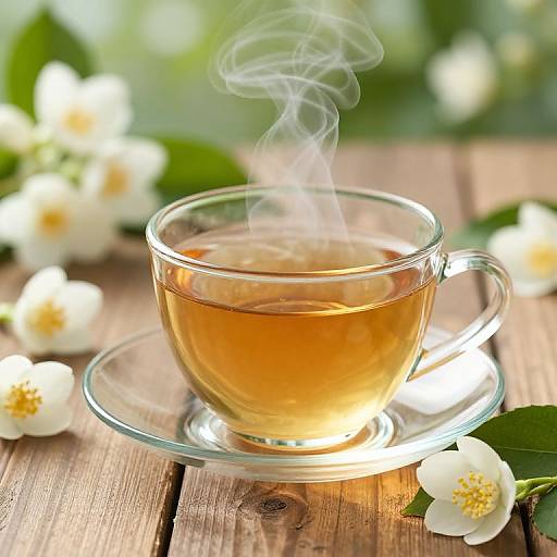 Photograph of a steaming glass teacup on a clear saucer, filled with amber tea, surrounded by white jasmine flowers on a wooden surface
