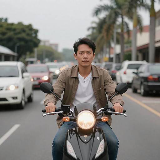 Asian Man on Motorcycle with Headlight