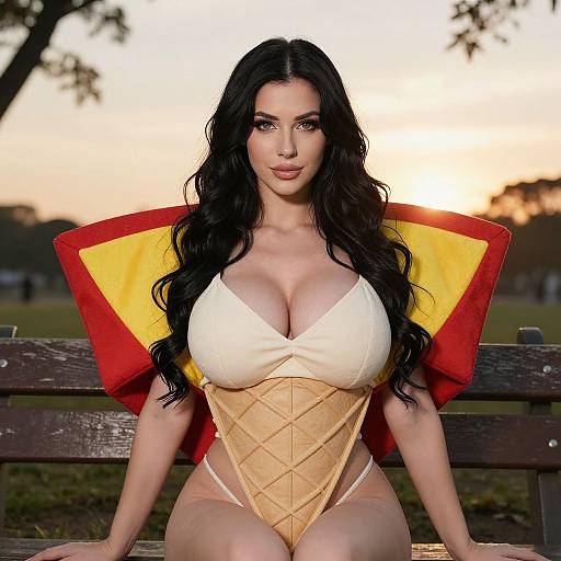 Photograph of a woman with long black hair, large breasts, wearing a yellow, diamond-patterned bikini with red and yellow cape, sitting on a