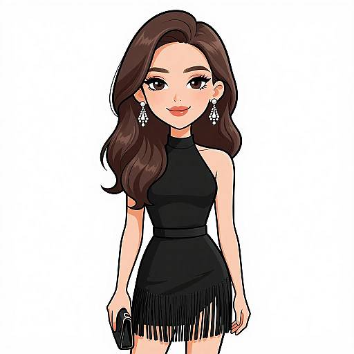 Digital anime-style drawing of a beautiful woman with long brown hair, wearing a sleeveless black dress with fringe, holding a black clutch, and adorned with