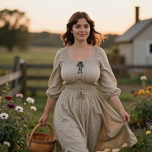 Photograph of a young woman with wavy brown hair in a beige, embroidered dress, holding a wicker basket, walking through a blooming garden