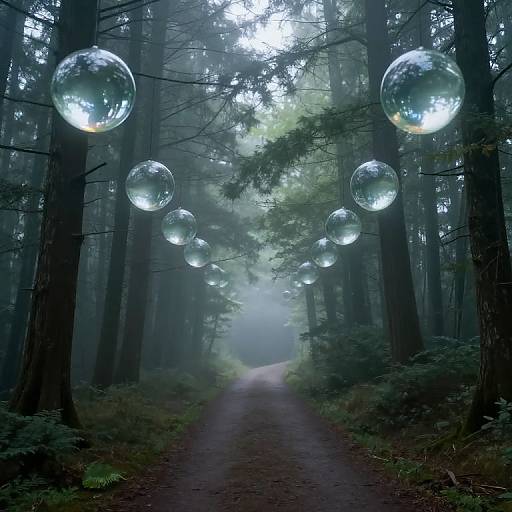 Photograph of a misty forest path lined with tall trees, featuring nine large, glowing, transparent bubbles suspended in the air.