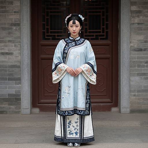 Photograph of an East Asian woman in traditional white and blue embroidered Korean hanbok, standing in front of a stone building with a dark wooden door