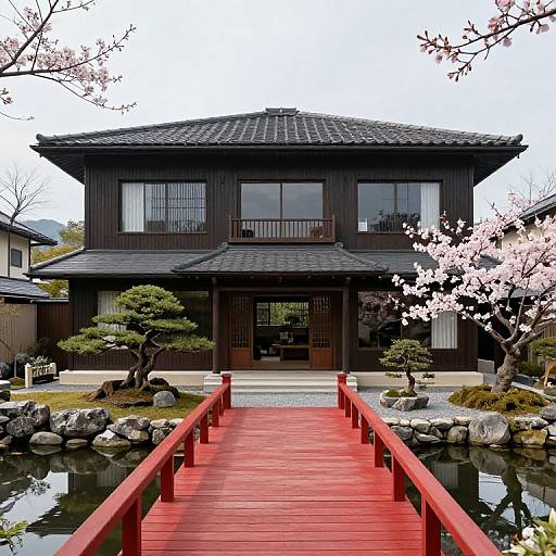 Photograph of a traditional Japanese wooden house with black tiled roof, red bridge, cherry blossom tree, and serene garden pond.