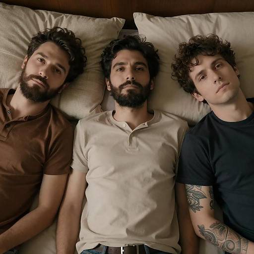 Three Men Lying on Patterned Bed