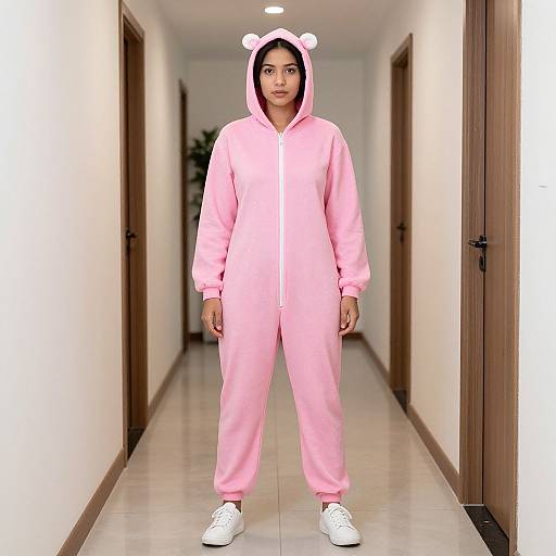 Pink Onesie Costume in Hallway