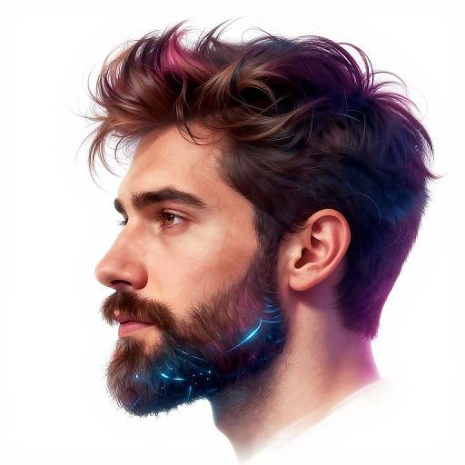 Digital portrait of a bearded man with tousled dark brown hair, side profile, realistic style, white background, glowing blue highlights.