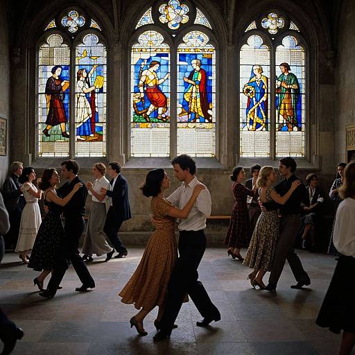 Photograph of a group dancing in a dimly lit church with vibrant stained glass windows, featuring colorful religious scenes in the background.