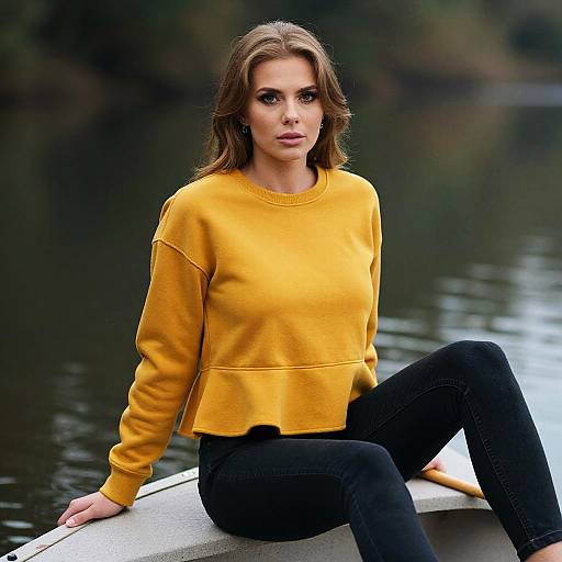 Photograph of a woman with long brown hair, wearing a yellow sweater and black pants, sitting on a concrete edge by a calm, dark water background