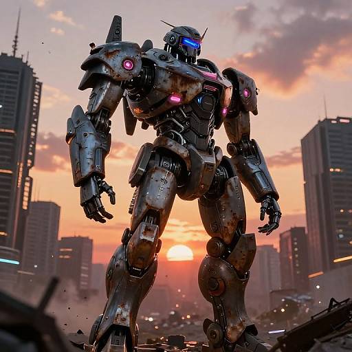 Photorealistic CGI of a heavily damaged, glowing blue-eyed mecha standing in a ruined cityscape at sunset, surrounded by tall skyscrapers.