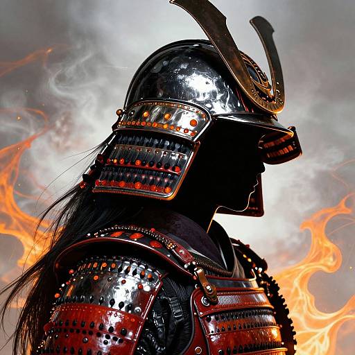 Photograph of a samurai in full shiny armor with a horned helmet, silhouetted against fiery orange flames and a bright, cloudy sky