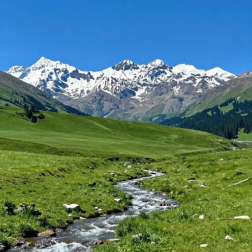 Photograph of a vibrant green meadow with a small stream, leading to a backdrop of snow-capped mountains under a clear blue sky.