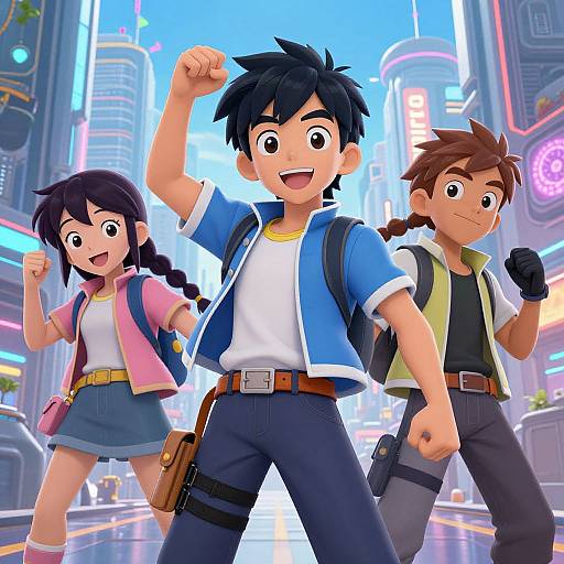 Digital anime-style illustration of three excited, young adventurers with backpacks, flexing arms in a vibrant, neon-lit futuristic city.