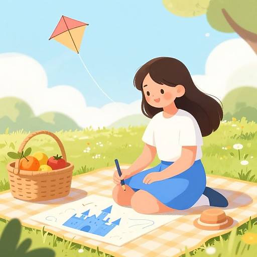 Friendly Girl Drawing Castle Picnic